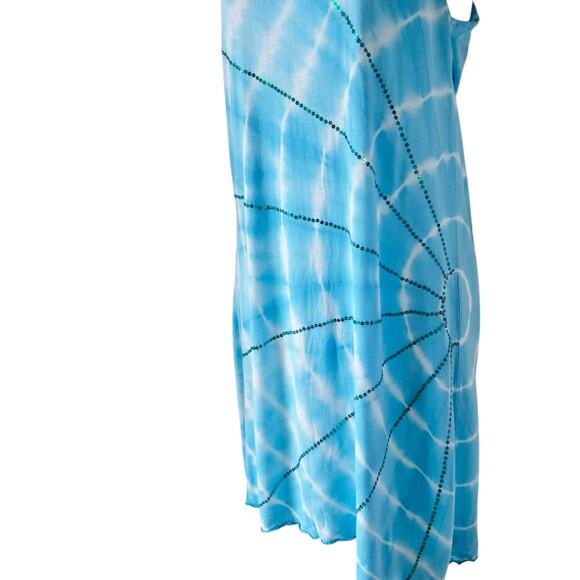 Tie Dye Summer Dress Womens S Teal White Sequins Tie Back Boho Colorful Festival - Picture 3 of 14